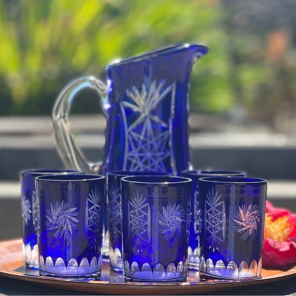 VINTAGE Czech Republic cobalt blue bohemian lead crystal cut to clear pitcher - Picture 5 of 8